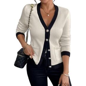 WDIRARA Women's Casual Flap Detail Button Front Cardigan V Neck Long Sleeve Contrast Trim Coat in Saudi Arabia