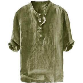 Mens Linen Shirts Henley 3/4 Sleeve Casual Cotton T-Shirt Regular-Fit Lightweight Beach Yoga Tunic Tops Army Green in Kuwait