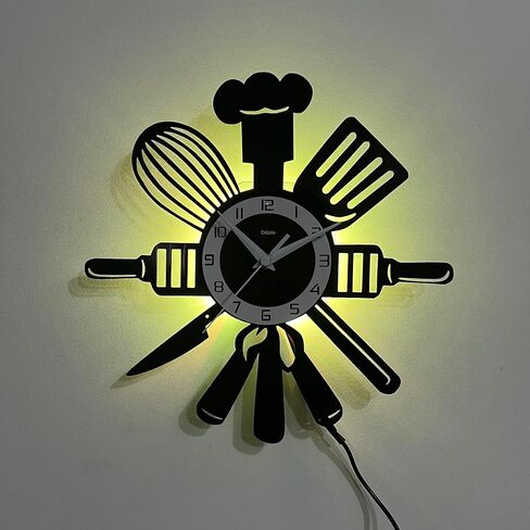 Vinyl Wall Clock with 7-Color LED, The Kitchen is The Heart of The Home Design – Perfect for Living Room, Bedroom, Kitchen, Office, Bar & Cafe Decor, Living Room (Home Kitchen- LED Clock) in Saudi Arabia