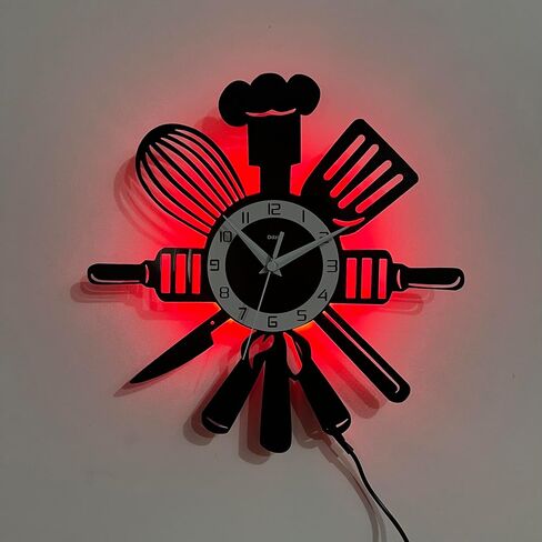 Vinyl Wall Clock with 7-Color LED, The Kitchen is The Heart of The Home Design – Perfect for Living Room, Bedroom, Kitchen, Office, Bar & Cafe Decor, Living Room (Home Kitchen- LED Clock) in Saudi Arabia