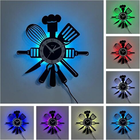 Vinyl Wall Clock with 7-Color LED, The Kitchen is The Heart of The Home Design – Perfect for Living Room, Bedroom, Kitchen, Office, Bar & Cafe Decor, Living Room (Home Kitchen- LED Clock) in Saudi Arabia