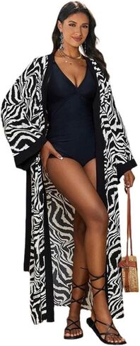 Women's Zebra Print Long Kimono Cover-Up – Boho Open Front Swimsuit Cover-Up with Belt, Flowy Beach Maxi Cardigan for Vacation, Resort & Poolside, for Under 150 lbs in Saudi Arabia