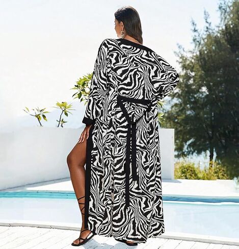 Women's Zebra Print Long Kimono Cover-Up – Boho Open Front Swimsuit Cover-Up with Belt, Flowy Beach Maxi Cardigan for Vacation, Resort & Poolside, for Under 150 lbs in Saudi Arabia