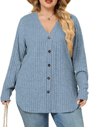 Plus Size Cardigan Sweaters for Women Soft Ribbed Knit Pockets Tops Nice Button Warmth Outerwears in Saudi Arabia