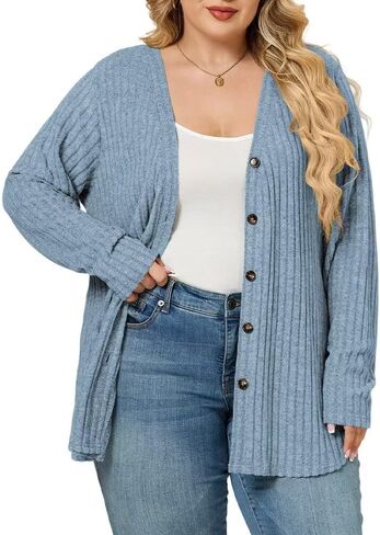 Plus Size Cardigan Sweaters for Women Soft Ribbed Knit Pockets Tops Nice Button Warmth Outerwears in Saudi Arabia