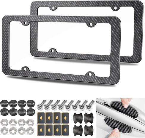 Carbon Fiber License Plate Frames - Black Plastic Car Tag Holder Cover Printed Carbon Pattern with Screws Caps Handlebar Stickers, Front & Rear 2 Pack in Saudi Arabia