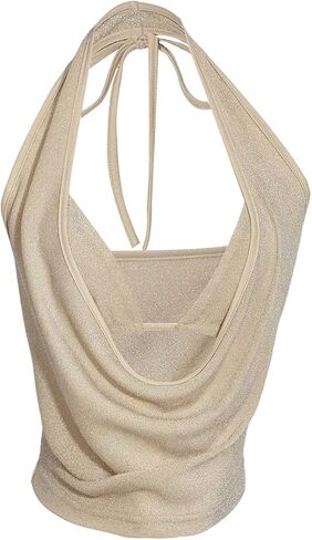 SweatyRocks Women's Glitter Draped Halter Tops Low Cut Going Out Top with Micro Crop 2 Piece Outfits in Saudi Arabia