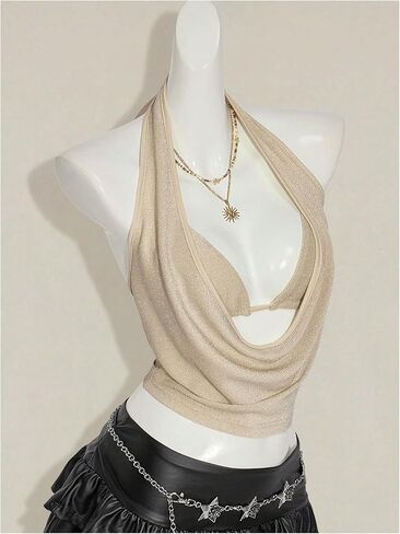 SweatyRocks Women's Glitter Draped Halter Tops Low Cut Going Out Top with Micro Crop 2 Piece Outfits in Saudi Arabia