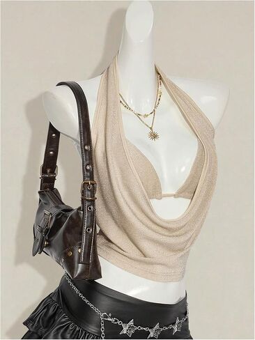 SweatyRocks Women's Glitter Draped Halter Tops Low Cut Going Out Top with Micro Crop 2 Piece Outfits in Saudi Arabia