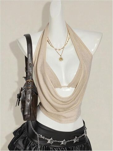 SweatyRocks Women's Glitter Draped Halter Tops Low Cut Going Out Top with Micro Crop 2 Piece Outfits in Saudi Arabia