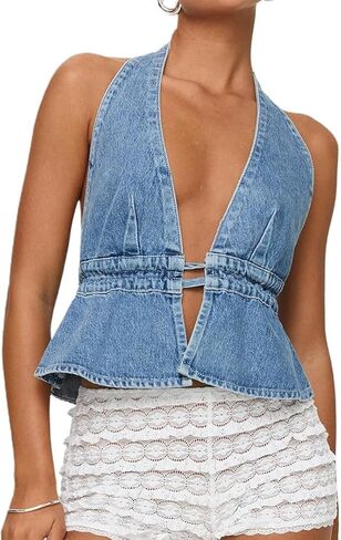 Denim Halter Top for Women Denim Open Back Tie-Up Halter Vest Jean Cropped Tank Top Summer 2025 in Kuwait