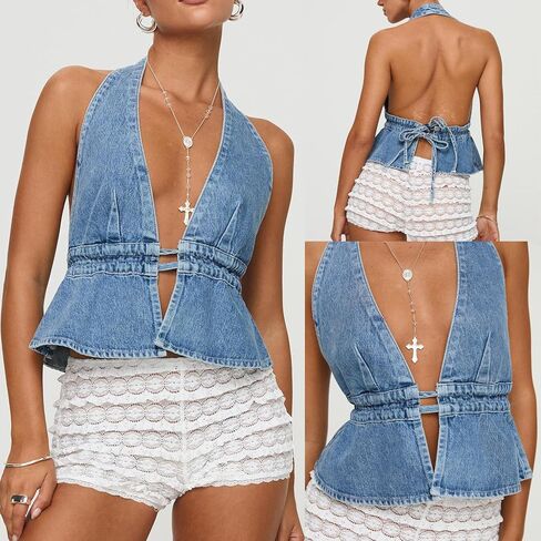 Denim Halter Top for Women Denim Open Back Tie-Up Halter Vest Jean Cropped Tank Top Summer 2025 in Kuwait