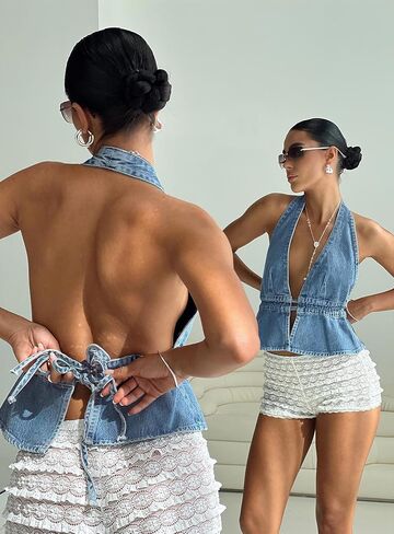 Denim Halter Top for Women Denim Open Back Tie-Up Halter Vest Jean Cropped Tank Top Summer 2025 in Kuwait