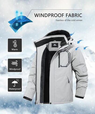 Men's Ski Jacket with Hooded Snowboarding Waterproof Fleece Lining Jacket Winter Coat Multi Pockets in Kuwait