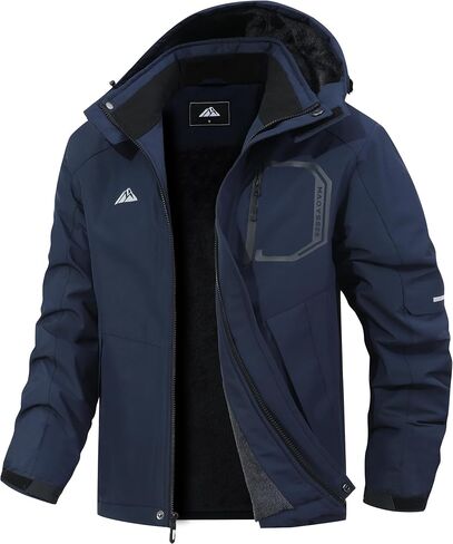 Men's Ski Jacket with Hooded Snowboarding Waterproof Fleece Lining Jacket Winter Coat Multi Pockets in Kuwait