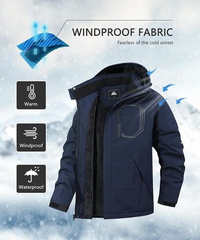 Men's Ski Jacket with Hooded Snowboarding Waterproof Fleece Lining Jacket Winter Coat Multi Pockets in Kuwait
