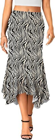 Women's Stretchy High Waist Ruffle Asymmetrical Hem Flowy Midi Skirt in Kuwait