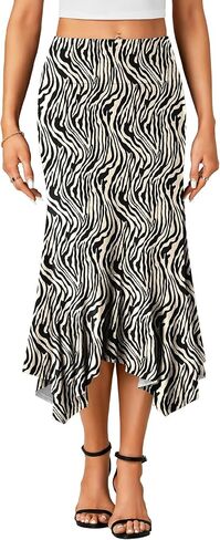 Women's Stretchy High Waist Ruffle Asymmetrical Hem Flowy Midi Skirt in Kuwait