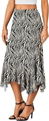 Women's Stretchy High Waist Ruffle Asymmetrical Hem Flowy Midi Skirt in Kuwait