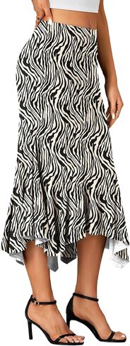 Women's Stretchy High Waist Ruffle Asymmetrical Hem Flowy Midi Skirt in Kuwait