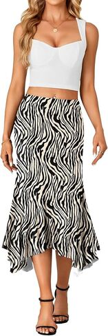 Women's Stretchy High Waist Ruffle Asymmetrical Hem Flowy Midi Skirt in Kuwait