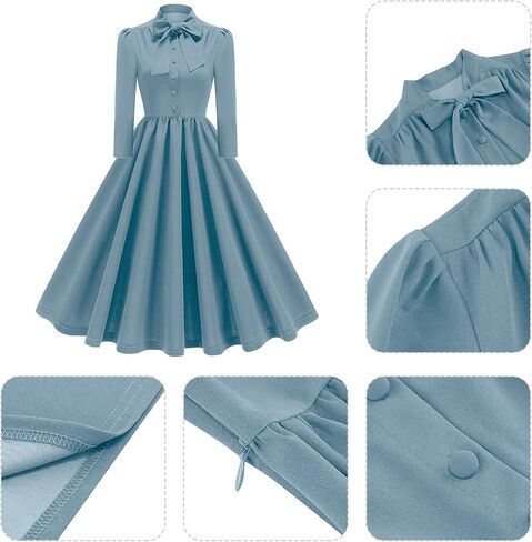 1950s Dresses for Women Vintage Rockabilly Retro 3/4 Puff Sleeve Tie Midi Dress Cocktail Party Evening Prom Gown in Saudi Arabia
