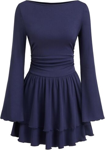 CIDER Women Boat Neck Ribbed Knit Tiered Ruffle Hem Long Sleeve Cocktail Party Mini Dress in Saudi Arabia