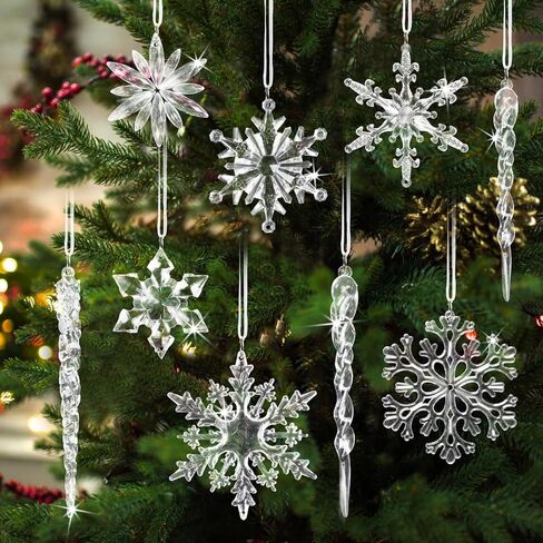 Crystal Christmas Tree Ornaments Snowflakes Decorations, 18Pcs Clear Acrylic Snowflake Hanging Ornaments for Tree with Icicle Drop Reindeer for Xmas Tree Winter Holiday Wedding Home Party Decor in Kuwait
