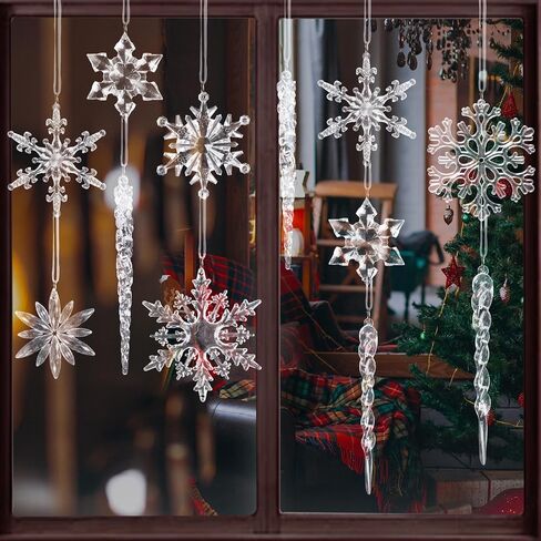 Crystal Christmas Tree Ornaments Snowflakes Decorations, 18Pcs Clear Acrylic Snowflake Hanging Ornaments for Tree with Icicle Drop Reindeer for Xmas Tree Winter Holiday Wedding Home Party Decor in Kuwait