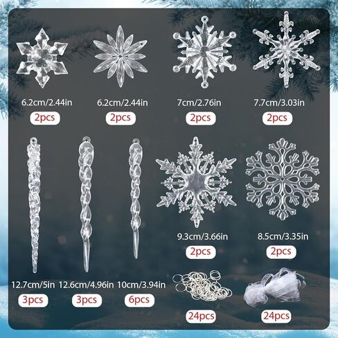 Crystal Christmas Tree Ornaments Snowflakes Decorations, 18Pcs Clear Acrylic Snowflake Hanging Ornaments for Tree with Icicle Drop Reindeer for Xmas Tree Winter Holiday Wedding Home Party Decor in Kuwait