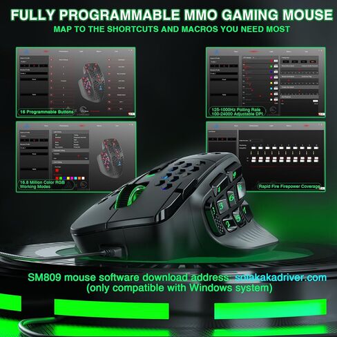 SOLAKAKA SM809 MMO Gaming Mouse Wired RGB with 9 Side Buttons,24000 DPI High Precision Sensor Optical Ergonomic Gamer Mouse,16 Programmable Custom Macro Shortcuts Remapping PC Gaming Mice for FPS MOBA in Kuwait