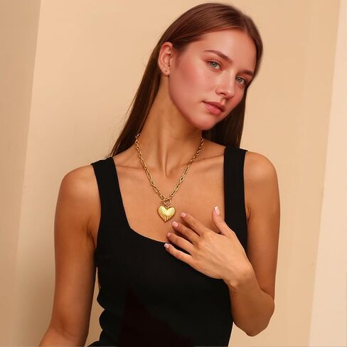 Chunky Gold Heart Necklace for Women,18K Gold Plated Puffy Heart Pendant with Paperclip Chain,Stainless Steel Statement Jewelry Waterproof Jewelry Gift for Chrismas in Kuwait