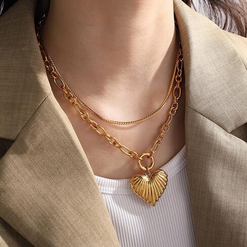 Chunky Gold Heart Necklace for Women,18K Gold Plated Puffy Heart Pendant with Paperclip Chain,Stainless Steel Statement Jewelry Waterproof Jewelry Gift for Chrismas in Kuwait