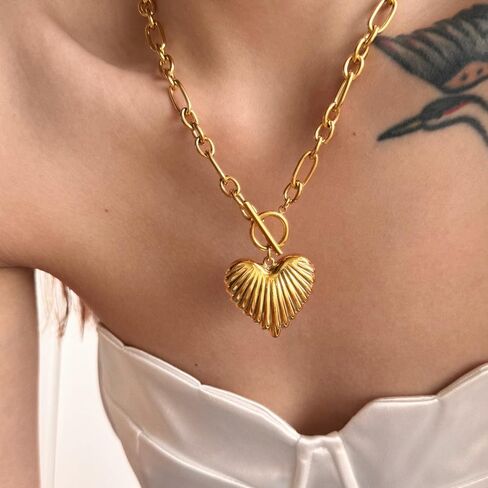 Chunky Gold Heart Necklace for Women,18K Gold Plated Puffy Heart Pendant with Paperclip Chain,Stainless Steel Statement Jewelry Waterproof Jewelry Gift for Chrismas in Kuwait