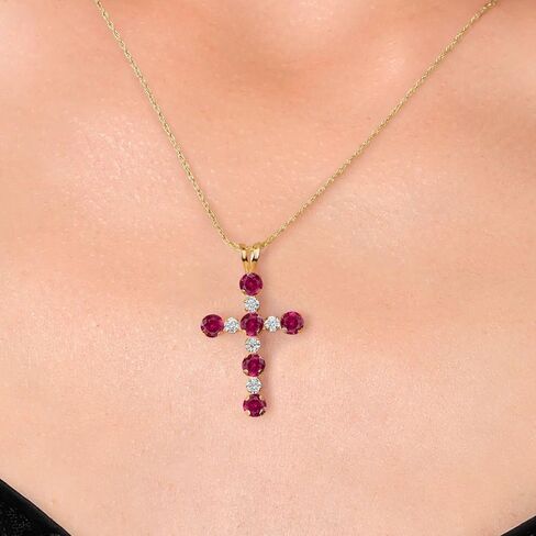 Gem Stone King 14K Yellow Gold Gemstone Birthstone and Lab Grown Diamond Cross Necklace | Jesus Christian Religious Crucifix Jewelry | 20X14MM | 18 Inch Chain | Gold Necklace For Women in Saudi Arabia