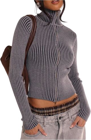 MakeMeChic Women's Y2K Cropped Sweater Cardigans Striped Zip Up Cardigan High Neck Fall Sweaters Crop Tops in Saudi Arabia