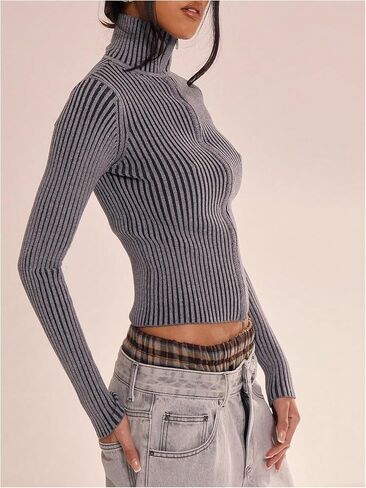 MakeMeChic Women's Y2K Cropped Sweater Cardigans Striped Zip Up Cardigan High Neck Fall Sweaters Crop Tops in Saudi Arabia