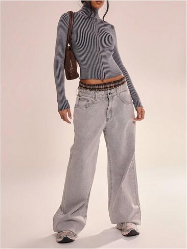 MakeMeChic Women's Y2K Cropped Sweater Cardigans Striped Zip Up Cardigan High Neck Fall Sweaters Crop Tops in Saudi Arabia