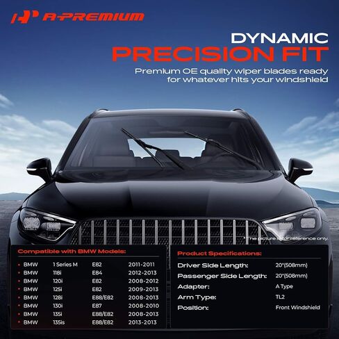 حزمة A-Premium مكونة من شفرتين لممسحة الزجاج الأمامي مع مؤشر تآكل ومنشفة - متوافقة مع BMW 1 Series M 2011، 118i 2012-2013، 120i، 125i، 128i، 130i، 135i، 135is - 20 بوصة و20 بوصة، موصل TL2 in Saudi Arabia