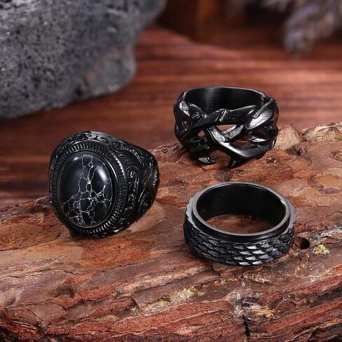 3Pcs Black Mens Rings Stainless Steels Fidget Ring Men Classic Vintage Men's Rings Artificial Black Stone Rings Men Cool Rotatable Mens Wedding Ring in Saudi Arabia