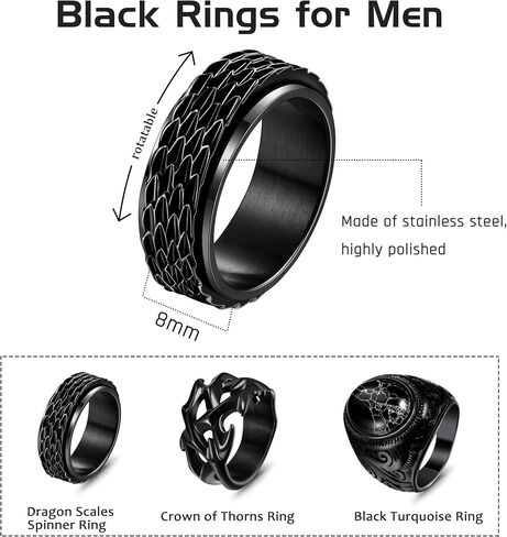3Pcs Black Mens Rings Stainless Steels Fidget Ring Men Classic Vintage Men's Rings Artificial Black Stone Rings Men Cool Rotatable Mens Wedding Ring in Saudi Arabia