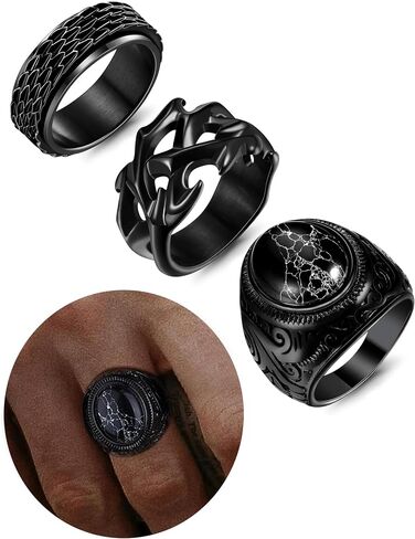 3Pcs Black Mens Rings Stainless Steels Fidget Ring Men Classic Vintage Men's Rings Artificial Black Stone Rings Men Cool Rotatable Mens Wedding Ring in Saudi Arabia