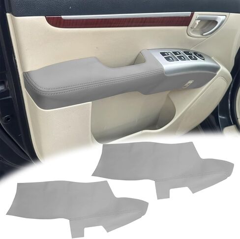 قطعتان من غطاء مسند الذراع للوحة الباب الأمامي متوافق مع Hyundai Santa Fe 2006-2012 مسند ذراع من الجلد الأيسر والأيمن تم استبداله بتنجيد الجلد باللون الرمادي (الجزء الجلدي فقط) in Saudi Arabia