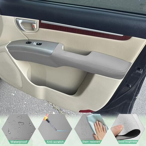 قطعتان من غطاء مسند الذراع للوحة الباب الأمامي متوافق مع Hyundai Santa Fe 2006-2012 مسند ذراع من الجلد الأيسر والأيمن تم استبداله بتنجيد الجلد باللون الرمادي (الجزء الجلدي فقط) in Saudi Arabia