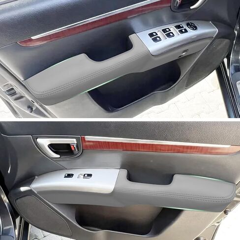 قطعتان من غطاء مسند الذراع للوحة الباب الأمامي متوافق مع Hyundai Santa Fe 2006-2012 مسند ذراع من الجلد الأيسر والأيمن تم استبداله بتنجيد الجلد باللون الرمادي (الجزء الجلدي فقط) in Saudi Arabia