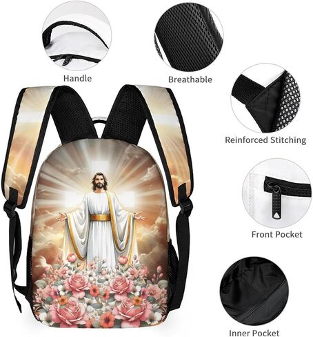 Jesus Catholic Backpack with Lunch Box & Pencil Case, 16 Inch Divine Mercy Themed Bookbag, Adjustable Lightweight Large Capacity, Colorful Religious Christiane Backpack Set with Lunch Bag in Saudi Arabia
