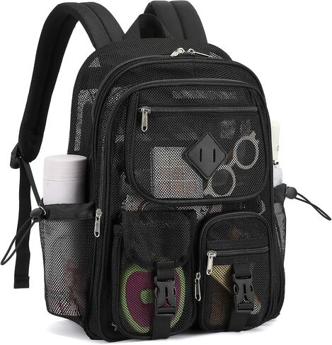 Black Mesh Backpack for Girls Boys, Mesh Bookbags Heavy Duty Semi-Transparent School Bag for College, Travel, Beach, Swimming, Sports in Saudi Arabia