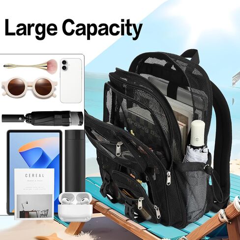 Black Mesh Backpack for Girls Boys, Mesh Bookbags Heavy Duty Semi-Transparent School Bag for College, Travel, Beach, Swimming, Sports in Saudi Arabia