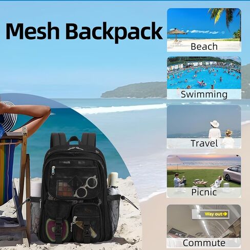 Black Mesh Backpack for Girls Boys, Mesh Bookbags Heavy Duty Semi-Transparent School Bag for College, Travel, Beach, Swimming, Sports in Saudi Arabia