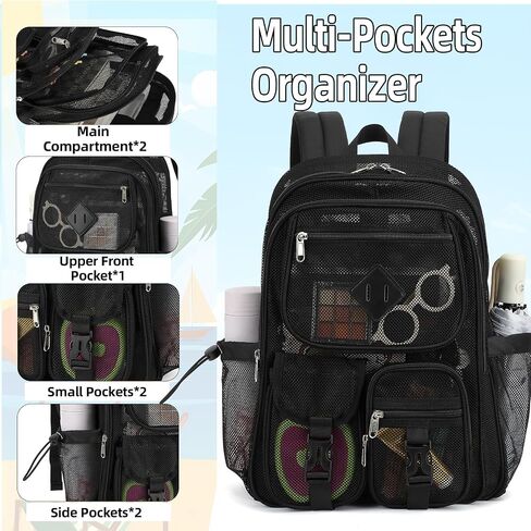 Black Mesh Backpack for Girls Boys, Mesh Bookbags Heavy Duty Semi-Transparent School Bag for College, Travel, Beach, Swimming, Sports in Saudi Arabia